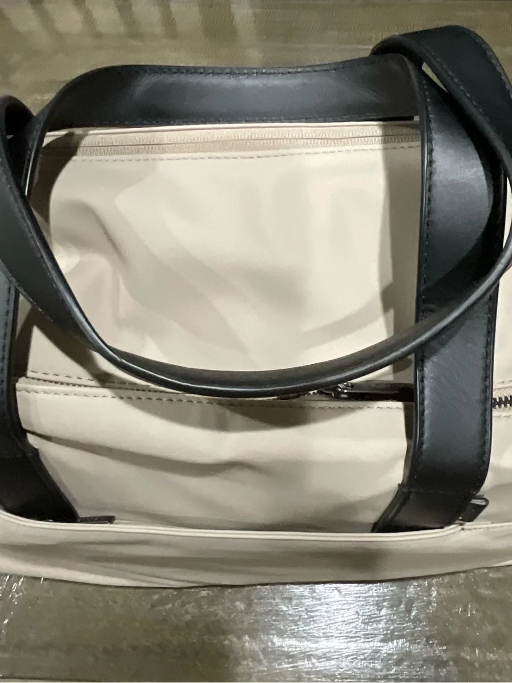 Away Cream Tote Bag with Black Handles and Detachable Strap